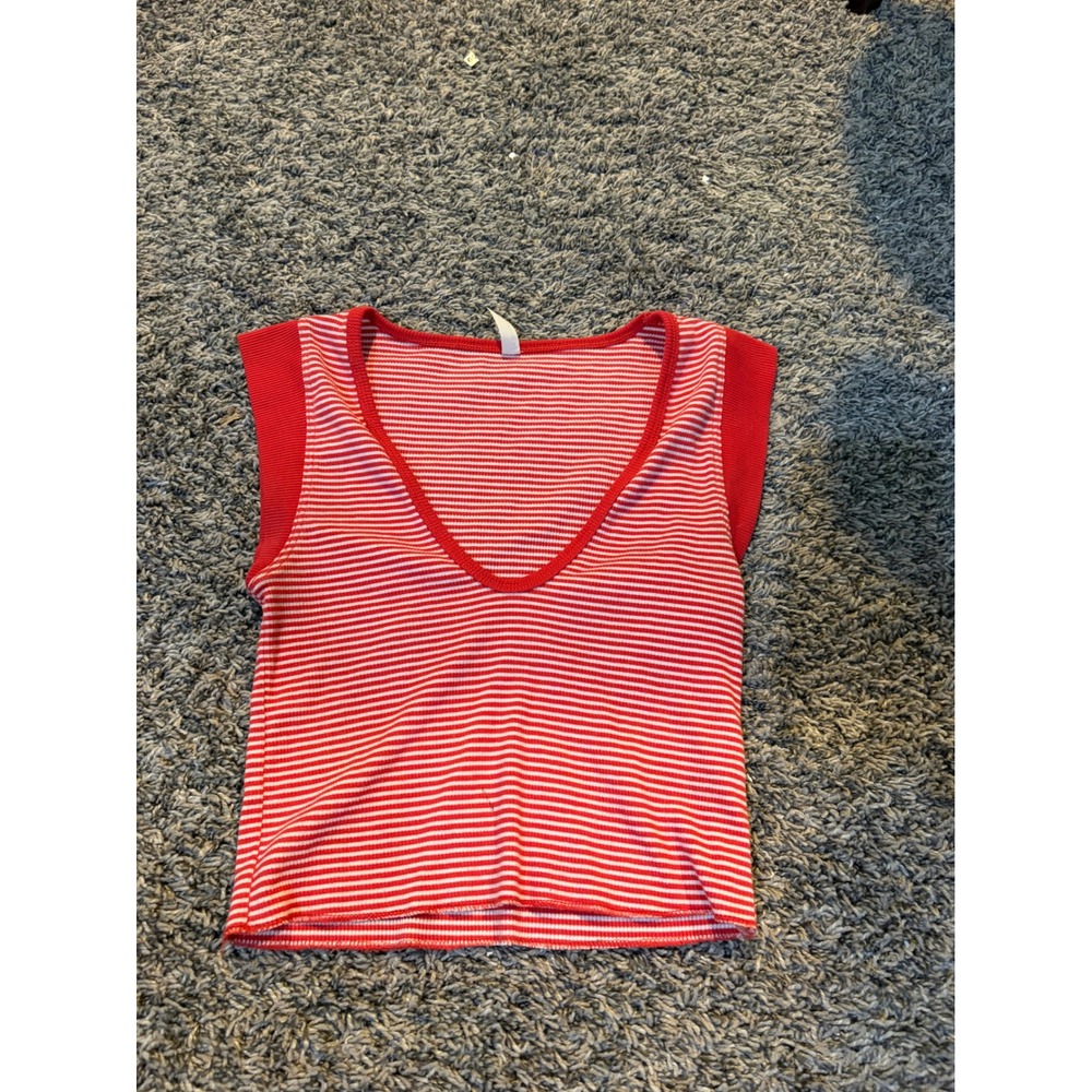 FP Movement Free People Striped V-Neck Muscle Tank Top Red White OB1141084 Small